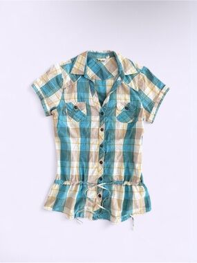y2k mudd plaid v neck hip drawstring shirt blue tan pockets summer top
